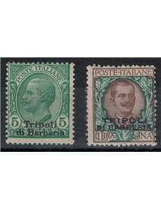 LEVANTE (TRIPOLI DI BARBERIA) 1909 5c verde + 1£ bruno 2v MH* ©
