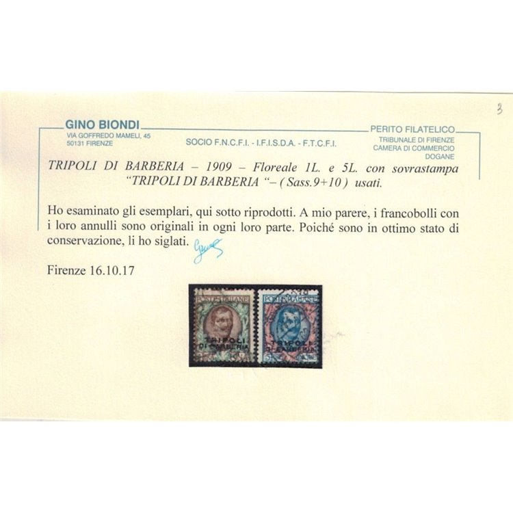 LEVANTE (TRIPOLI DI BARBERIA) 1909 1₤ bruno + 5₤ oltremare 2v us ©