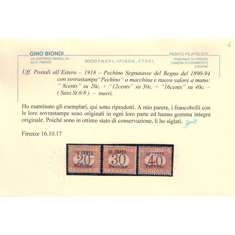 LEVANTE PECHINO 1918 Segnatasse 3v MNH** ©