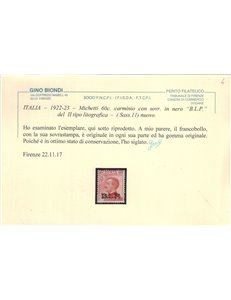 ITALIA REGNO 1922-23 BLP 60c carminio MH* ©