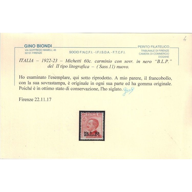 ITALIA REGNO 1922-23 BLP 60c carminio MH* ©