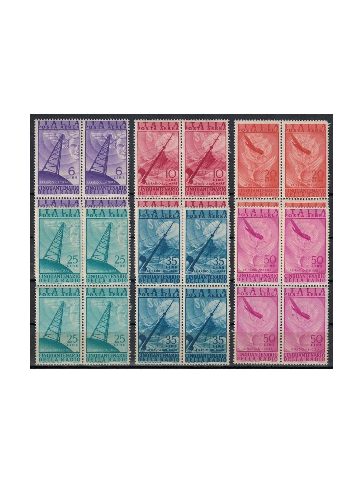 ITALY 1947 Radio (airmail) (in block of four) 6v MNH**