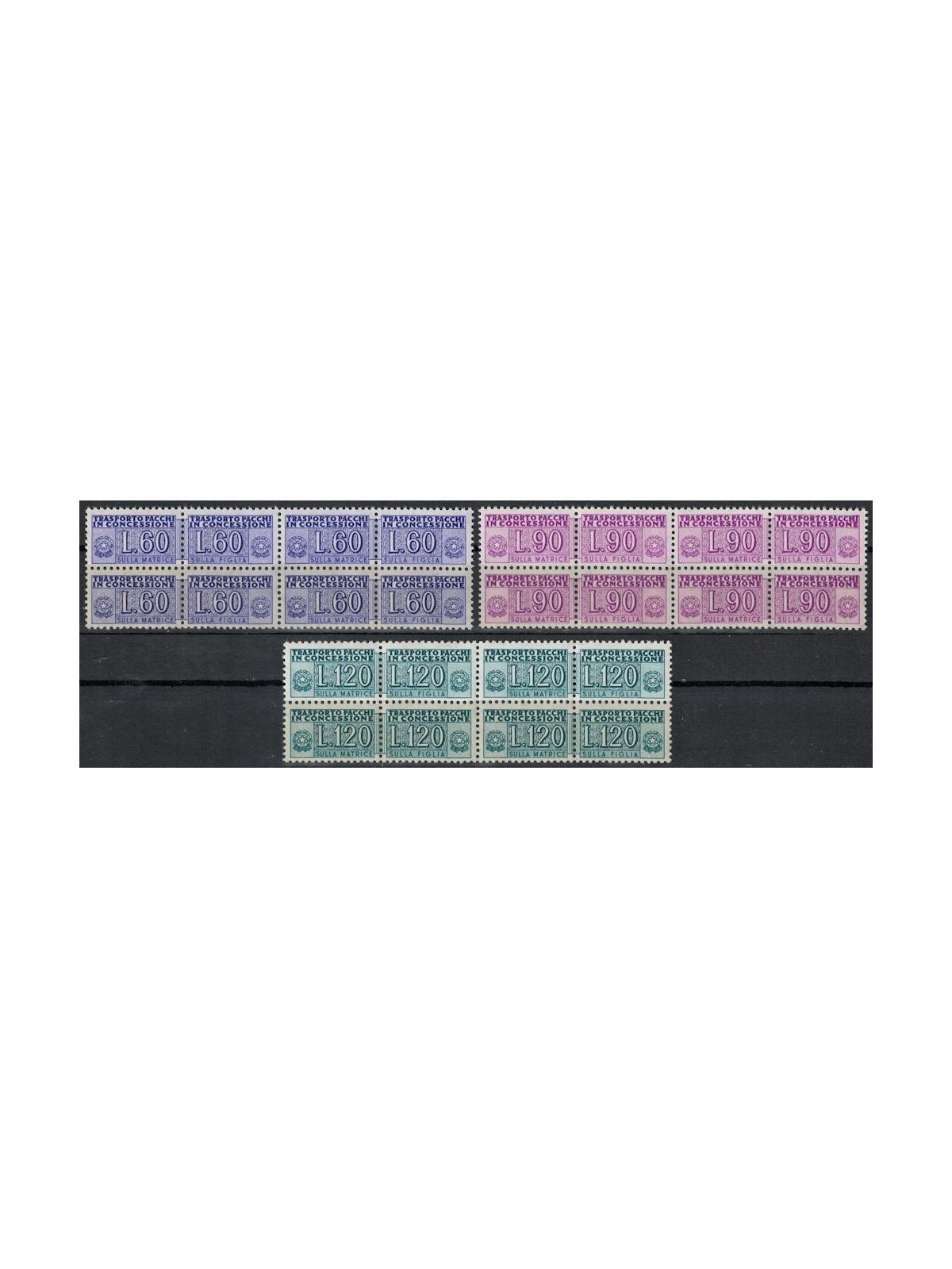 ITALY 1958 Concessionary parcels (in block of four) 3v MNH**