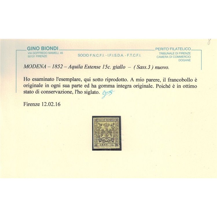 DUCATO DI MODENA 1852 Aquila estense 15c giallo MNH** ©