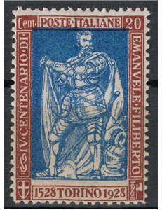 ITALIA REGNO 1928 Emanuele Filiberto 20c bruno dent. 13½ MH*