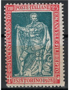 ITALY KINGDOM 1928 Emanuele Filiberto 25c carmine and green perforated 13½ MH*