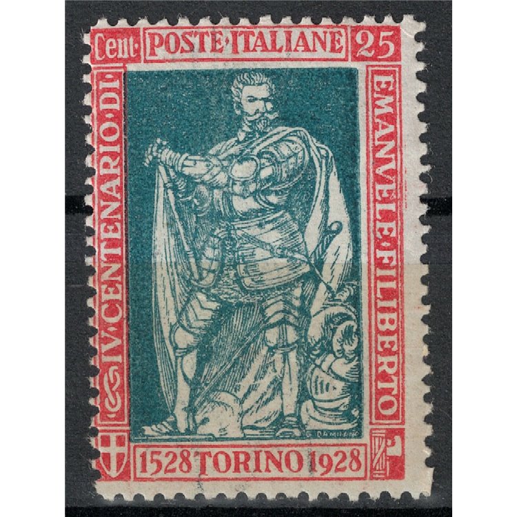 ITALIA REGNO 1928 Emanuele Filiberto 25c carminio e verde dent. 13½ MH*