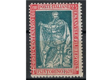 ITALY KINGDOM 1928 Emanuele Filiberto 25c carmine and green perforated 13½ MH*