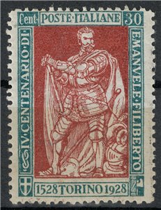 ITALIA REGNO 1928 Emanuele Filiberto 30c verde e bruno dent. 13½ MH*