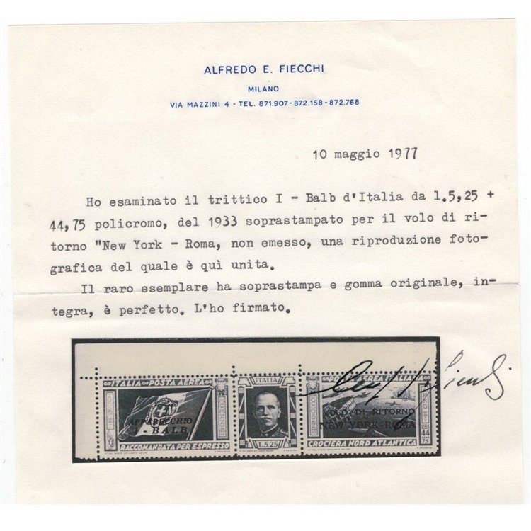 ITALIA REGNO 1933 Volo di Ritorno New York - Roma MNH** ©