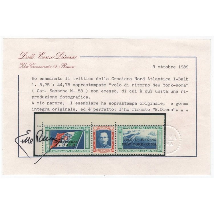 ITALIA REGNO 1933 Volo di Ritorno New York - Roma MNH** ©