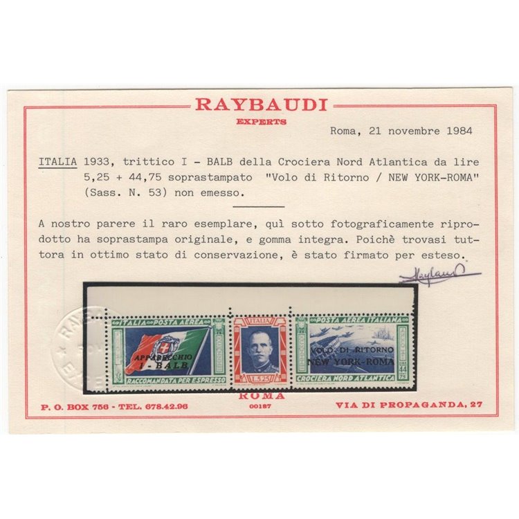 ITALIA REGNO 1933 Volo di Ritorno New York - Roma MNH** ©