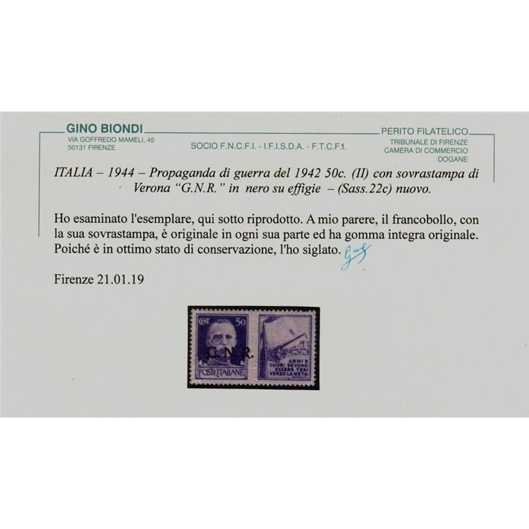 ITALIA RSI 1944 Propaganda di guerra 50c varietà (soprast. in nero) MNH** ©