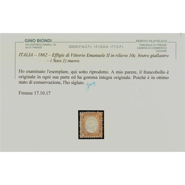 ITALIA REGNO 1862 10c bistro MNH** ©