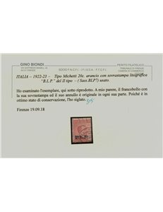 ITALIA REGNO 1922-23 BLP 20c arancio us ©