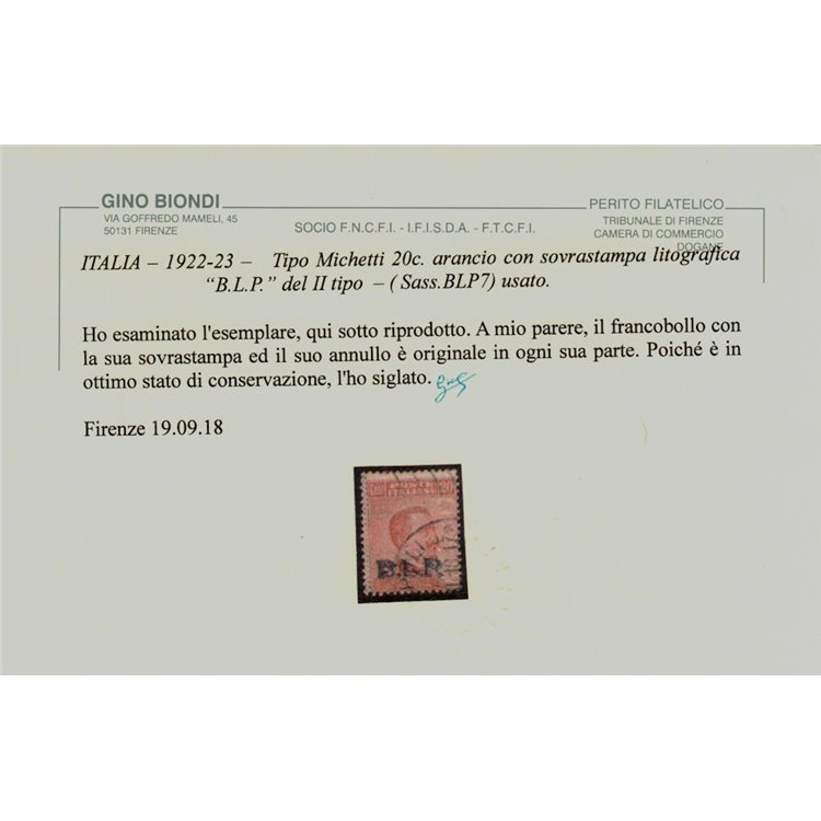 ITALIA REGNO 1922-23 BLP 20c arancio us ©