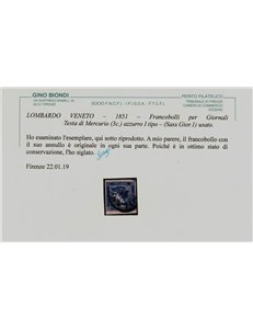 REGNO LOMBARDO VENETO 1851 (Giornali) 3c azzurro 1° tipo us ©