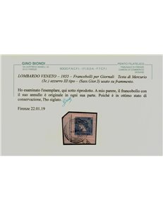 REGNO LOMBARDO VENETO 1855 (Giornali) 3c azzurro 3° tipo us ©