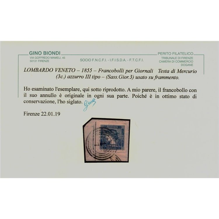 REGNO LOMBARDO VENETO 1855 (Giornali) 3c azzurro 3° tipo us ©
