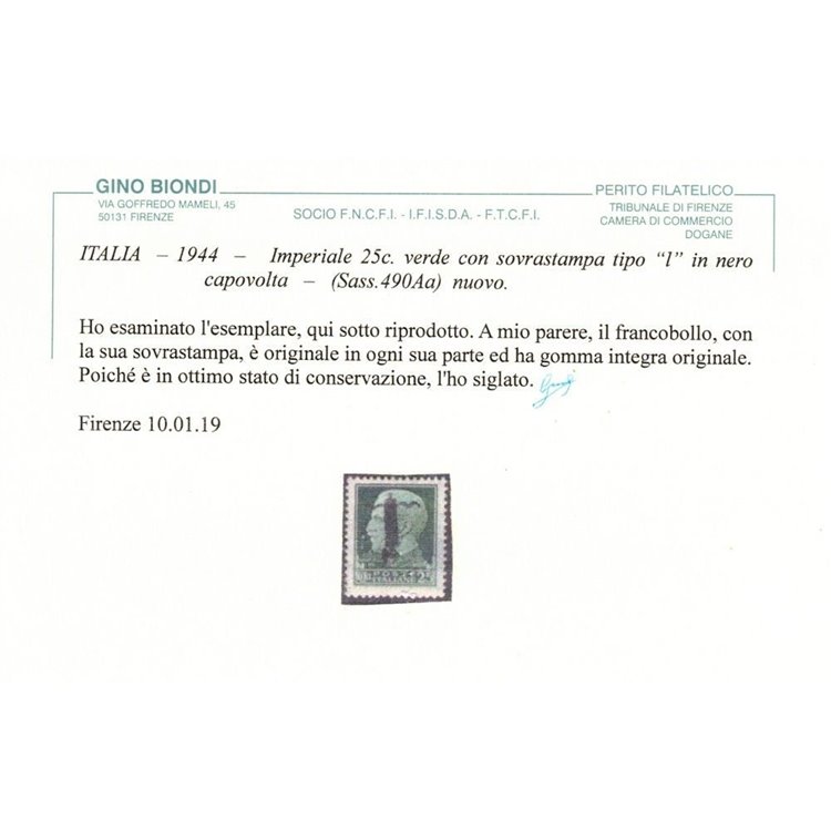 ITALIA RSI 1944 Varietà 25c Imperiale (errore colore soprast. capovolta) MNH** ©