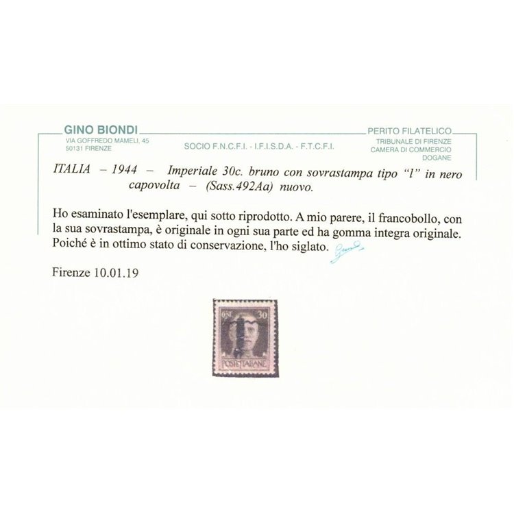 ITALIA RSI 1944 Varietà 30c Imperiale (soprast. nera capovolta) MNH** ©