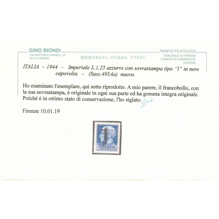 ITALIA RSI 1944 Varietà 1,25₤ Imperiale (errore colore soprast. capovolta) MNH** ©