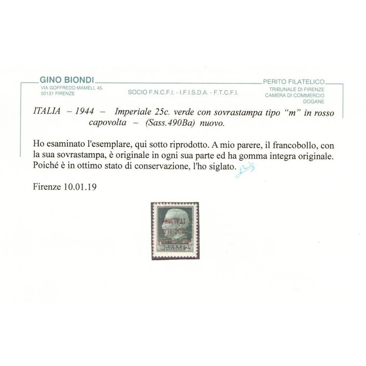 ITALIA RSI 1944 Varietà 25c Imperiale (scambi soprast. capovolta) MNH** ©