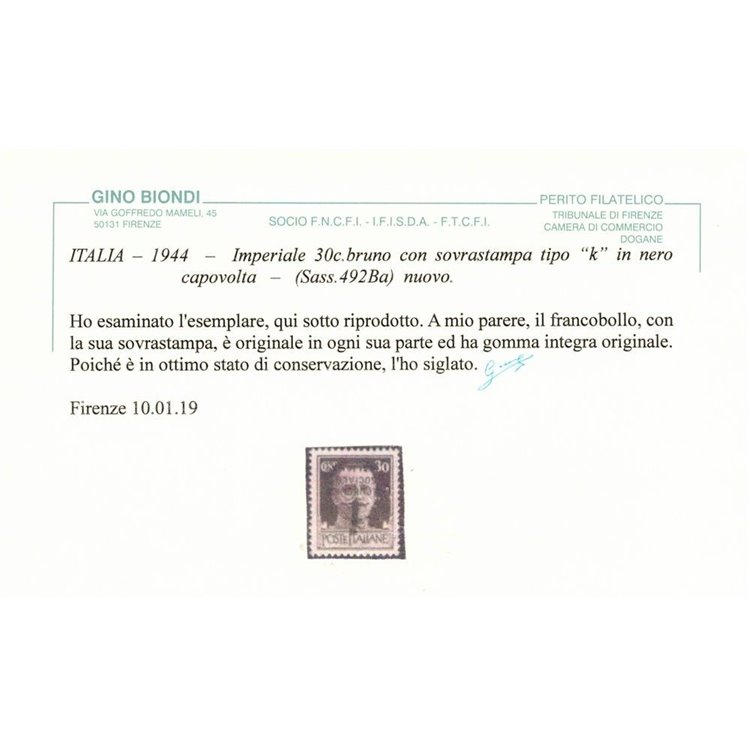 ITALIA RSI 1944 Varietà 30c Imperiale (soprast. nera capovolta testo + fascio) MNH** ©