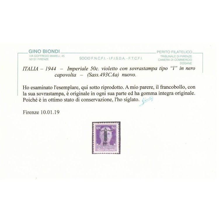 ITALIA RSI 1944 Varietà 50c Imperiale (soprast. capovolta fascio nero) MNH** ©