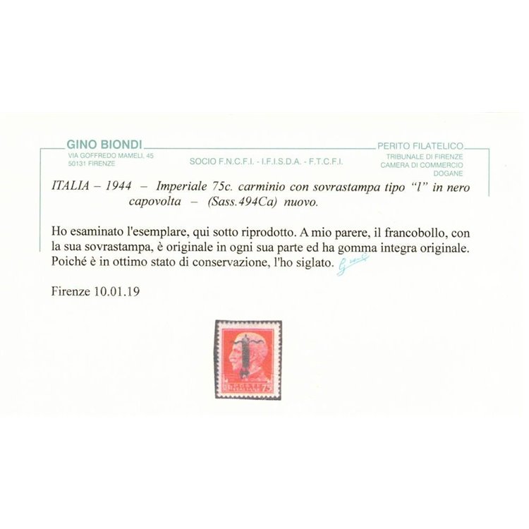 ITALIA RSI 1944 Varietà 75c Imperiale (soprast. capovolta fascio nero) MNH** ©