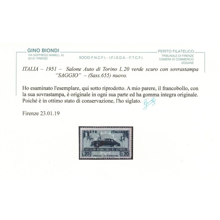 ITALIA 1951 Salone dell'automobile (Saggio) MNH** ©