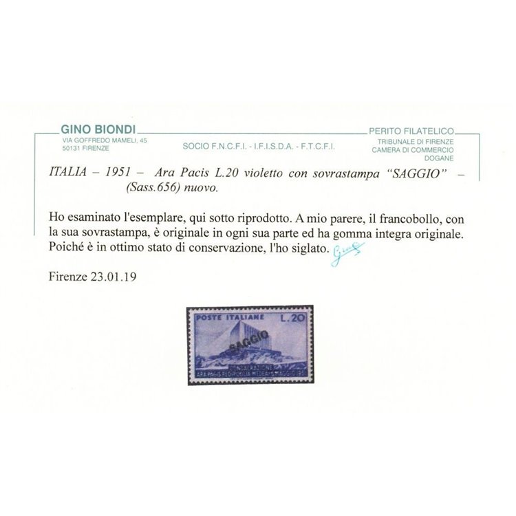 ITALIA 1951 Ara Pacis (Saggio) MNH** ©