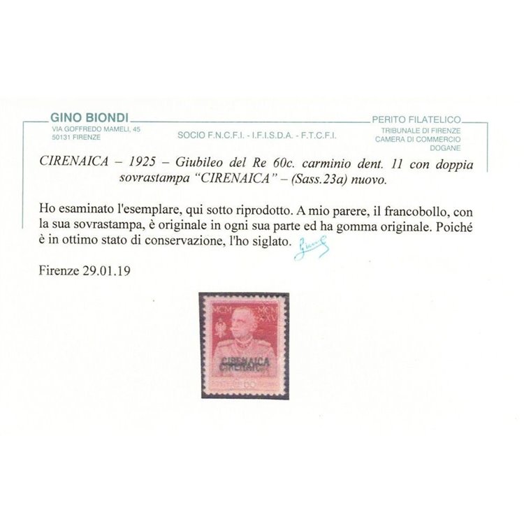 COLONIE CIRENAICA 1925-26 Varietà 60c Giubileo del Re (doppia soprast.) MH* ©