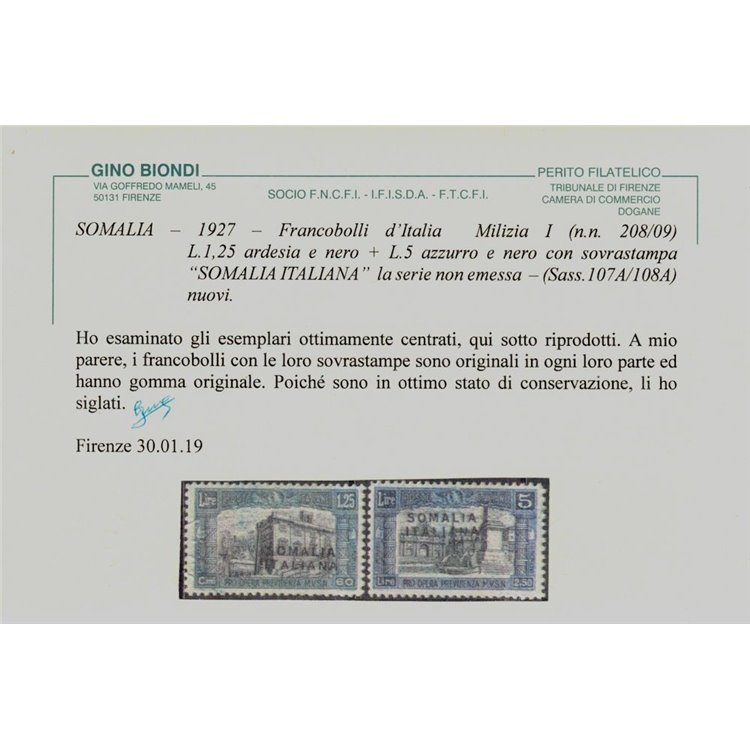SOMALIA ITALIANA 1927 Milizia I (non emessi) 2v MH* (Lusso)