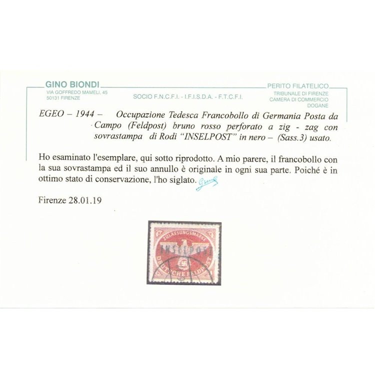 EGEO (OCCUPAZIONE TEDESCA) 1944 INSELPOST bruno rosso (Rodi) us ©