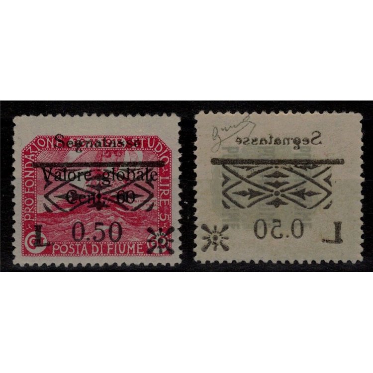 FIUME 1921 Varietà segnatasse £50 su 60c carminio (Decalco) MNH** ©