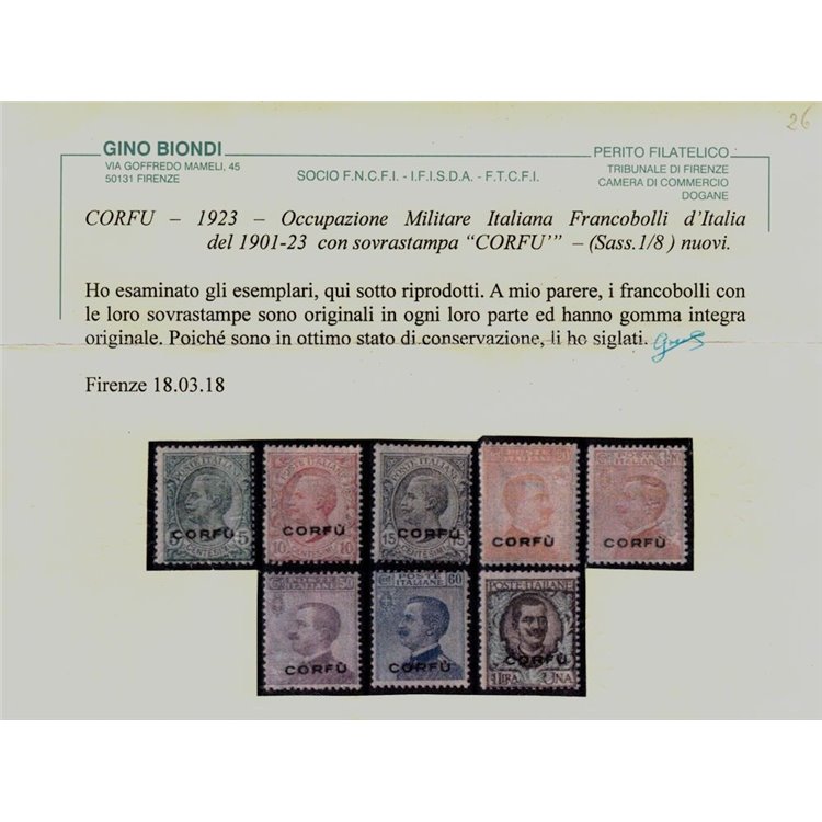 CORFU' (OCC. ITALIANA) 1923 Serie ordinaria soprastampata 8v MNH** ©