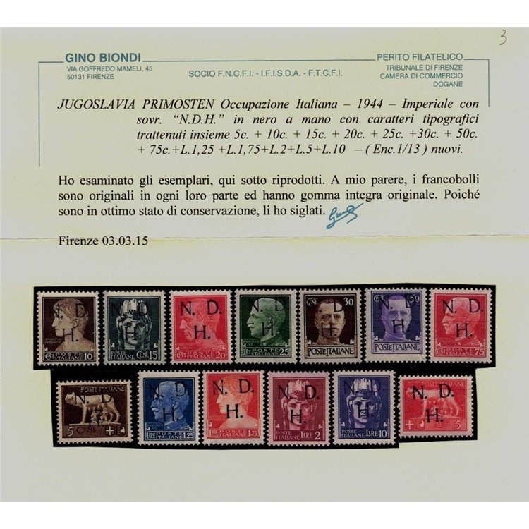 PRIMOSTEN (JUGOSLAVIA) 1944 Imperiale soprastampata 13v MNH** ©