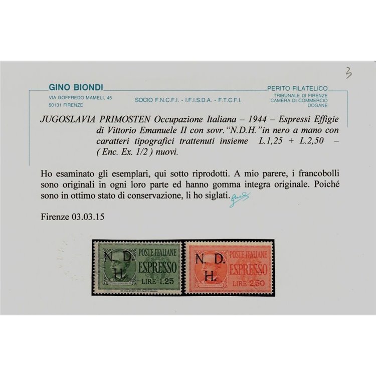 PRIMOSTEN (JUGOSLAVIA) 1944 Espressi 2v MNH** ©