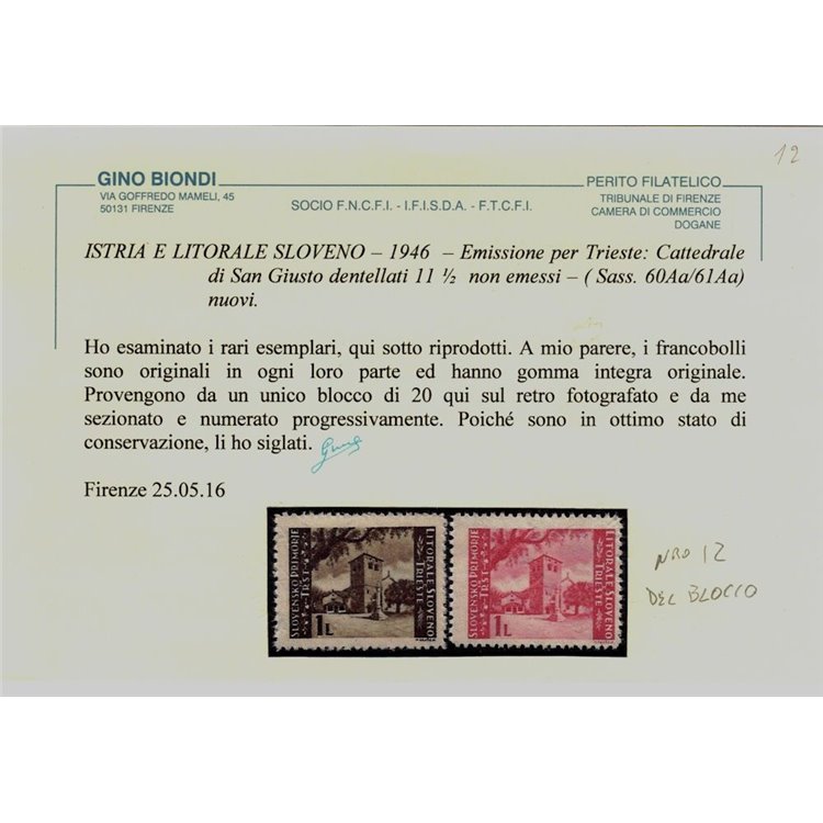 ISTRIA - LITORALE SLOVENO 1946 Cattedrale San Giusto (dent. 11½) 2v MNH**