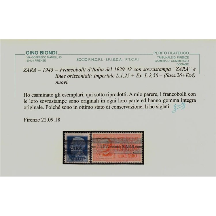 ZARA (OCC. TEDESCA) 1943 Imperiale soprast. fra righe orizzontali 13v MNH** ©