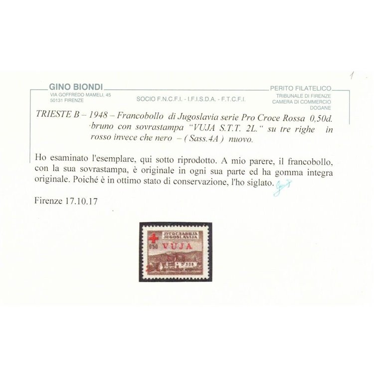 TRIESTE B 1948 Croce Rossa 2₤ su 0,50 bruno (soprastampa rossa) MNH** ©