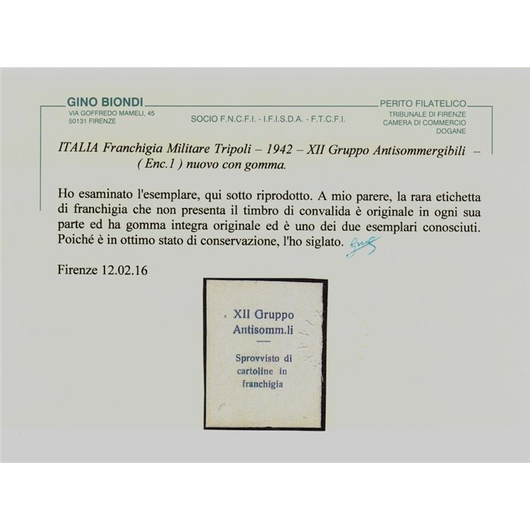 ITALIA REGNO 1942 Etichetta di Franchigia (XII Gruppo Antisommergibili) MNH** ©