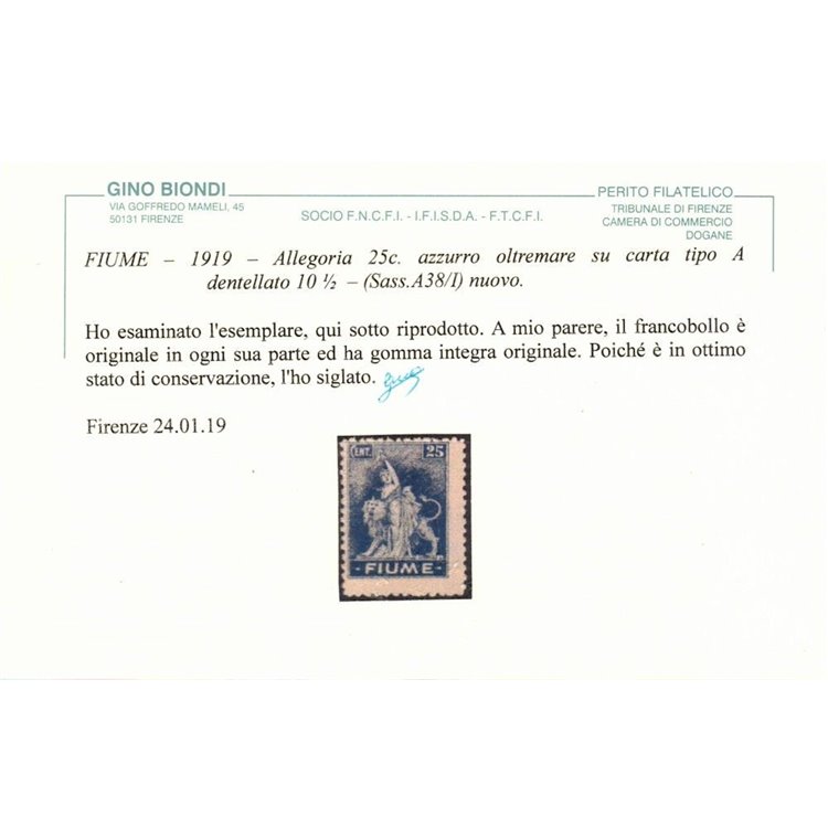 FIUME 1919 Allegoria 25c azzurro oltremare (dent. 10½) MNH** ©