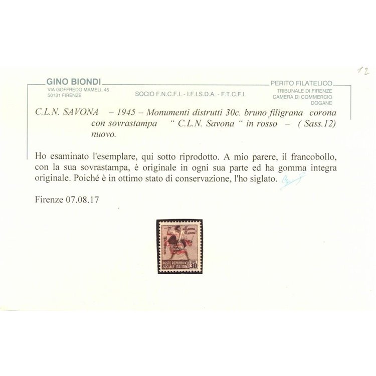 SAVONA 1945 Monumenti distrutti 30c (filigrana ♔) MNH** ©