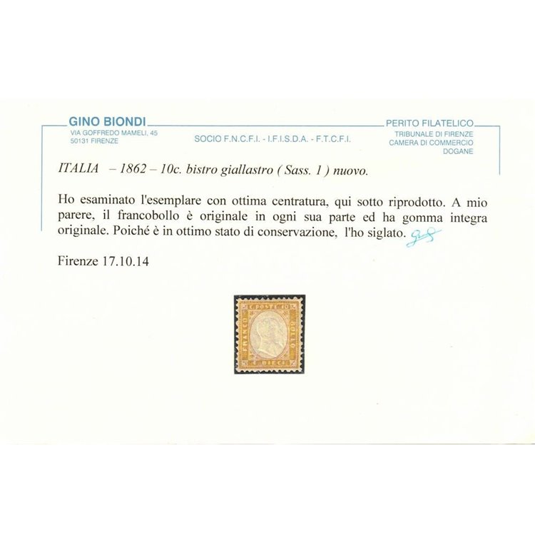 ITALIA REGNO 1862 10c bistro MNH** (Lusso) ©