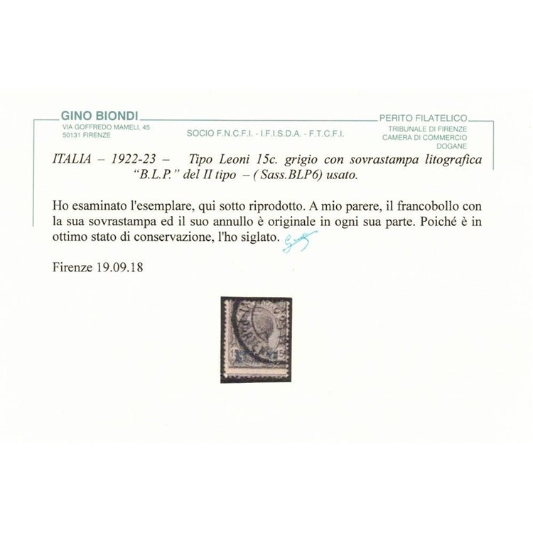 ITALIA REGNO 1922-23 BLP 15c grigio us ©