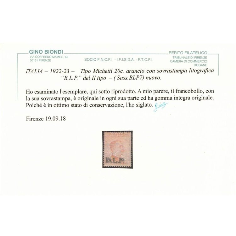 ITALIA REGNO 1922-23 BLP 20c arancio MNH** ©