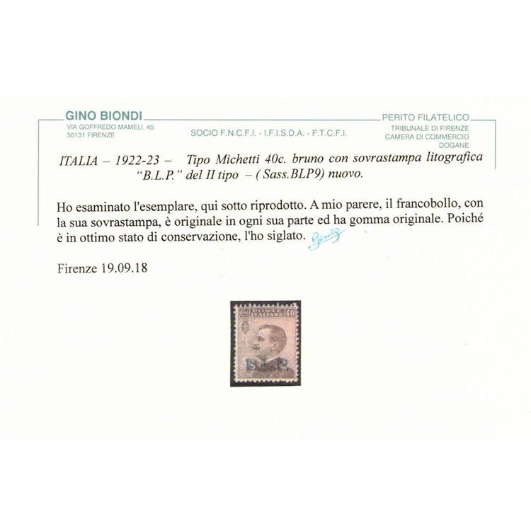 ITALIA REGNO 1922-23 BLP 40c bruno MH* ©