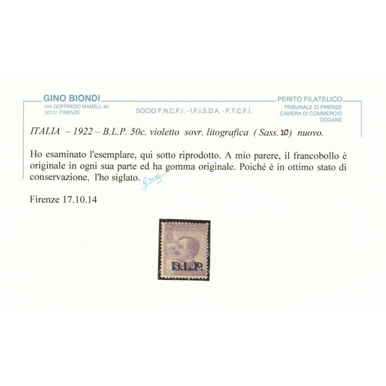ITALIA REGNO 1922-23 BLP 50c violetto MH* ©